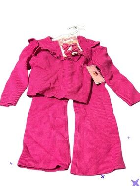 Girls Knit Two-Piece Set with Ruffle Top - Hot Pink Sweater Set